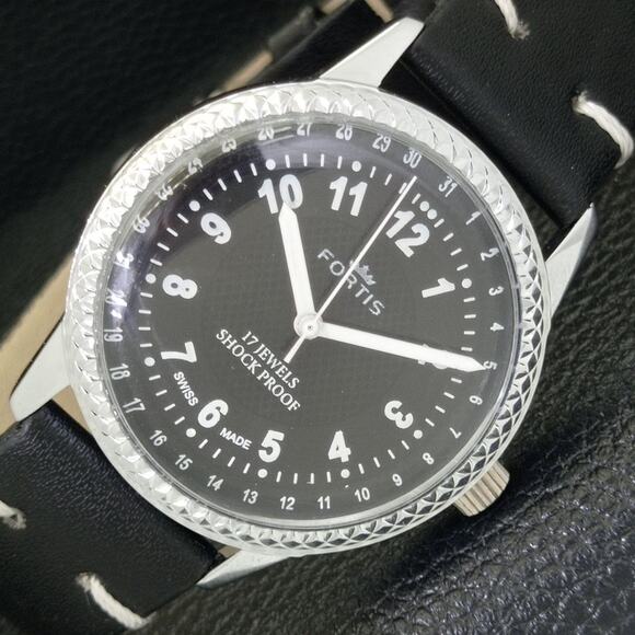 Fortis Other - Vintage 1982 Fortis Manual Mens Silver Watch W/Leather Strap & Black accents